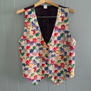 Vintage 90s‎ Teacher Vest Colorful Kids Print Cotton Novelty Art Style Large USA